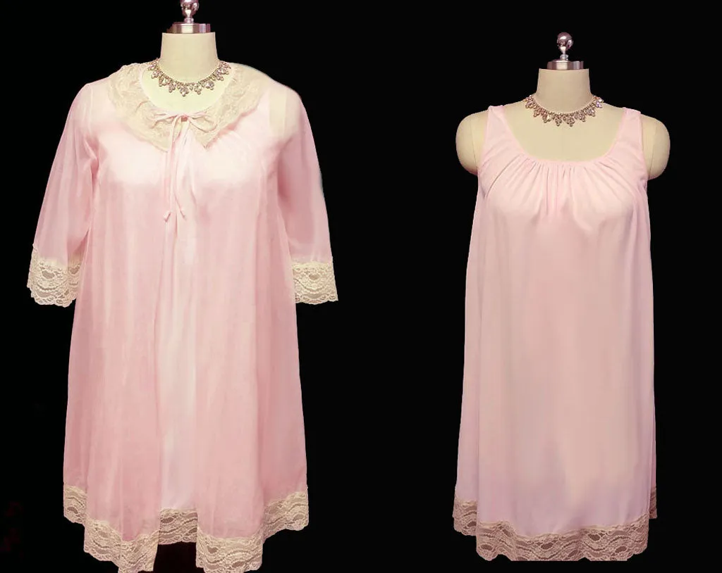 *VINTAGE GILEAD BRIDAL TROUSSEAU DOUBLE NYLON NIGHTGOWN & PEIGNOIR SET IN SUGARED GUMDROP