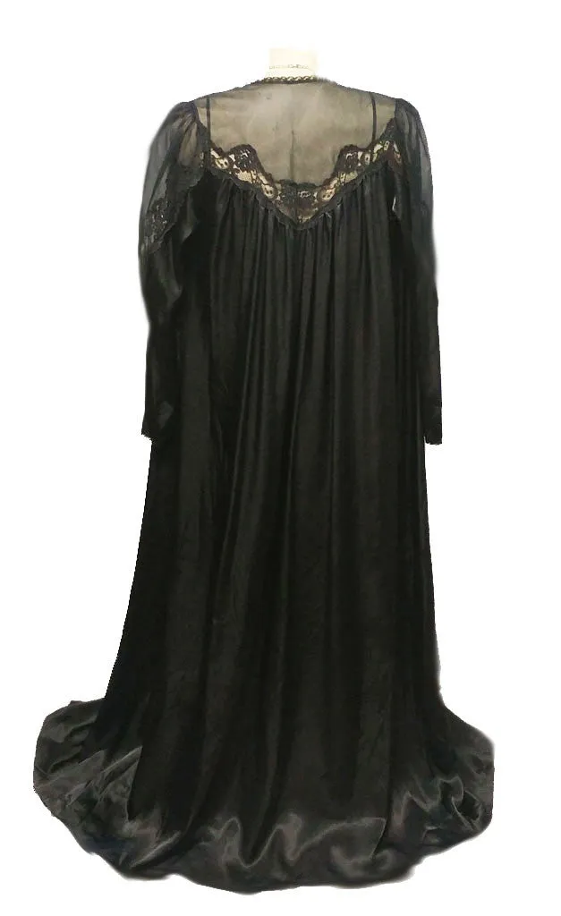 *VINTAGE INTIME OF CALIFORNA HEAVY SATIN BLACK LACE PEIGNOIR & NIGHTGOWN SET