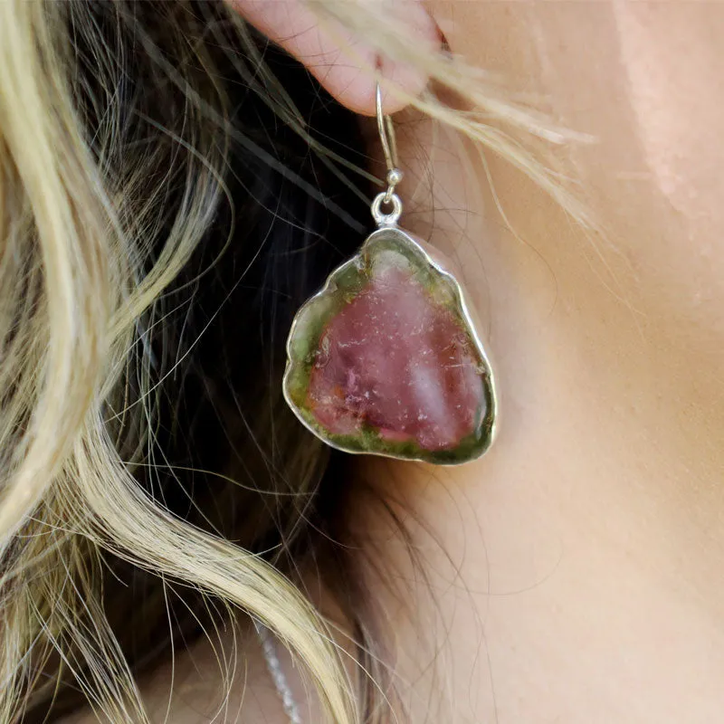 Watermelon Tourmaline silver Gemstone Earrings