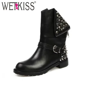 WETKISS 34-43 High Quality Genuine Leather Boots Shoes Woman Punk Rivets Square Heels Autumn Winter Ankle Boots Fur Snow Boots