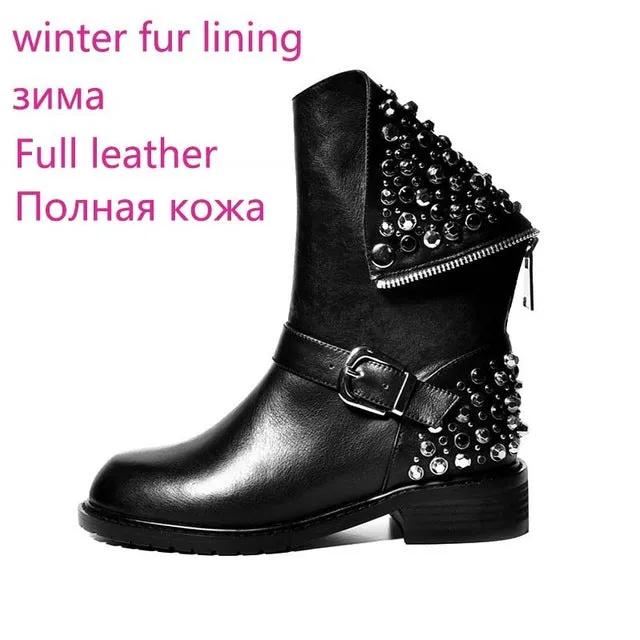 WETKISS 34-43 High Quality Genuine Leather Boots Shoes Woman Punk Rivets Square Heels Autumn Winter Ankle Boots Fur Snow Boots