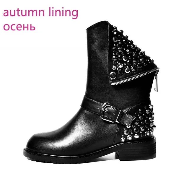 WETKISS 34-43 High Quality Genuine Leather Boots Shoes Woman Punk Rivets Square Heels Autumn Winter Ankle Boots Fur Snow Boots