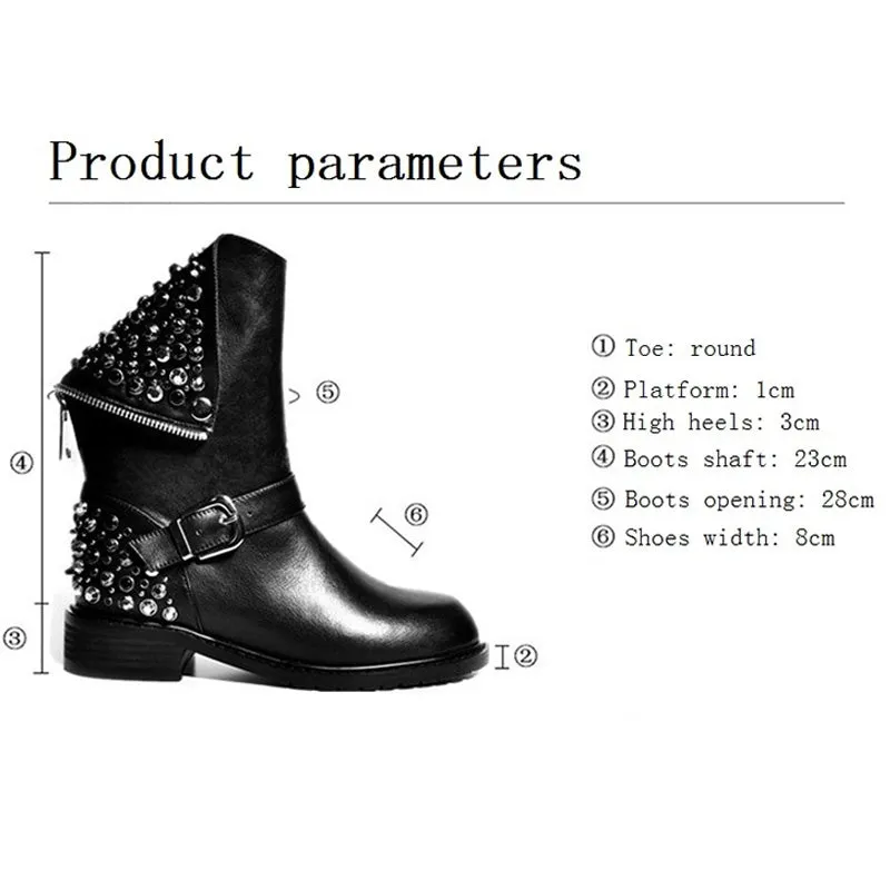 WETKISS 34-43 High Quality Genuine Leather Boots Shoes Woman Punk Rivets Square Heels Autumn Winter Ankle Boots Fur Snow Boots