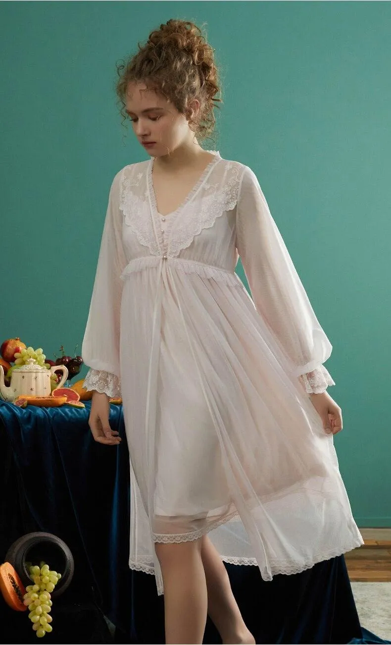 Women Vintage Princess Delicate 2 Pieces Robe Sets, Victorian V-neck Long Sleeve Embroidery Lace Nightgown