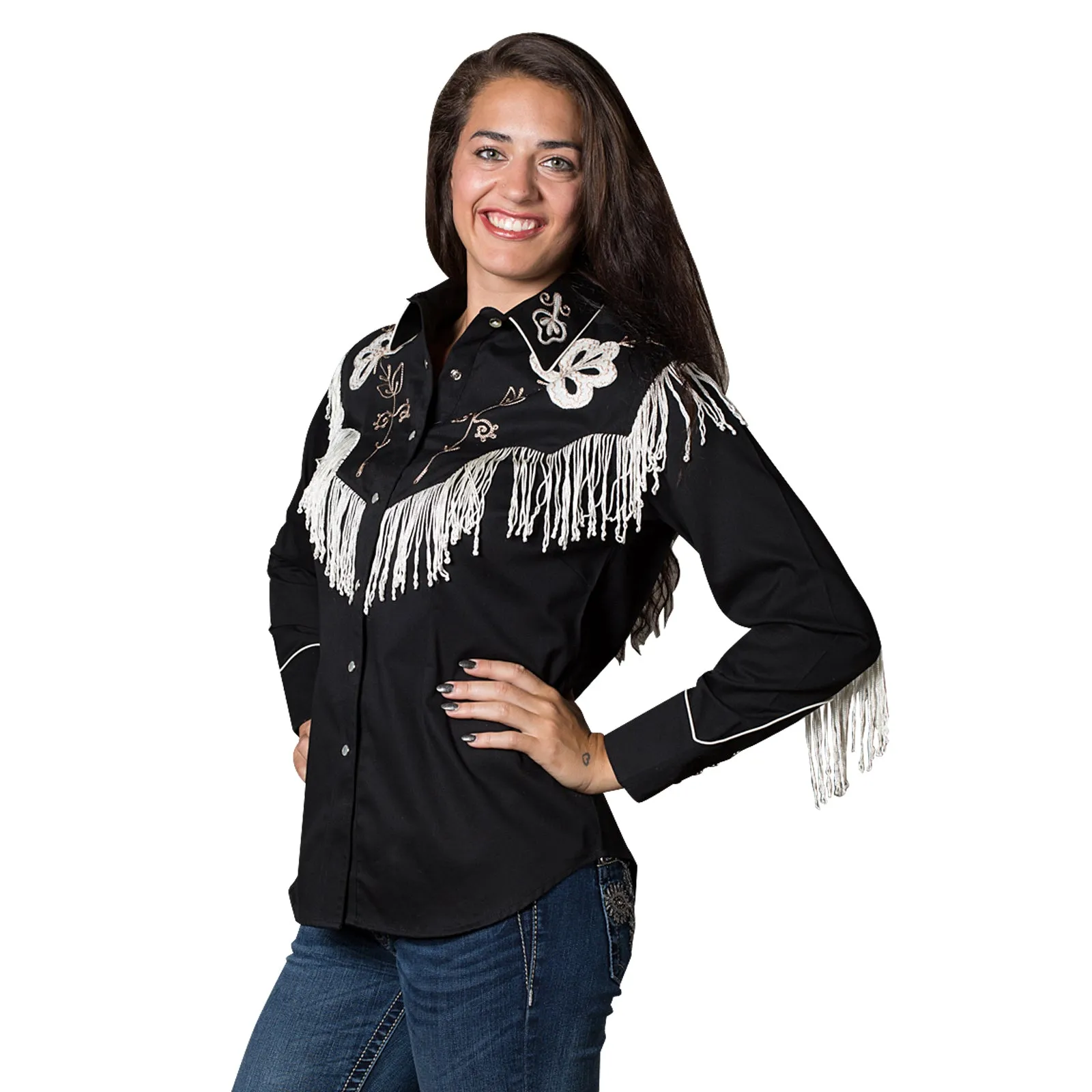 Women's Vintage Fringe Black Embroidered Western Shirt