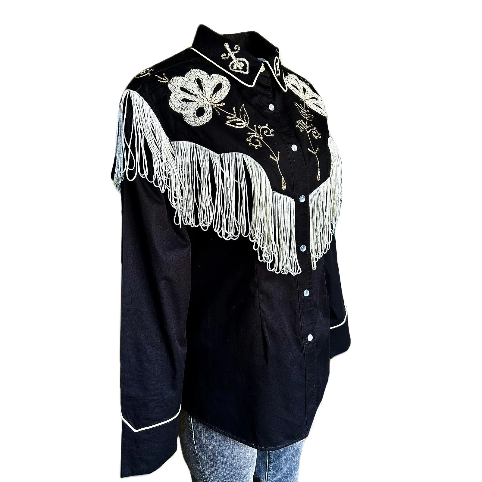 Women's Vintage Fringe Black Embroidered Western Shirt