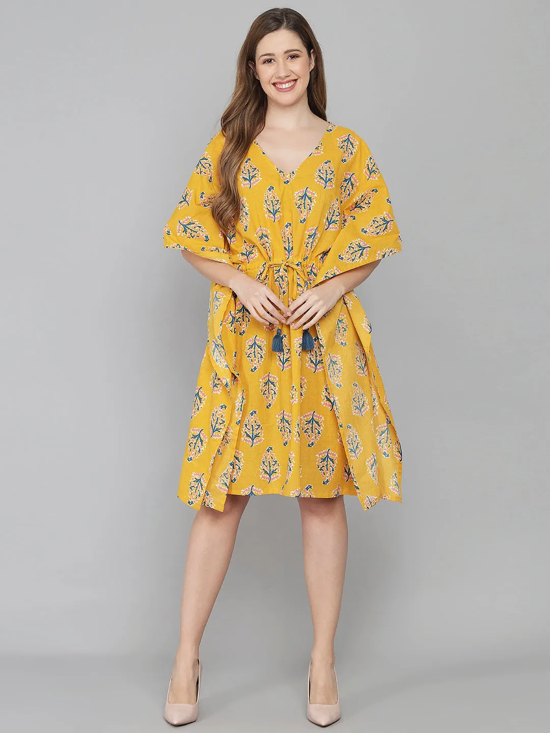 Yellow Leaf Print Cotton Kaftan