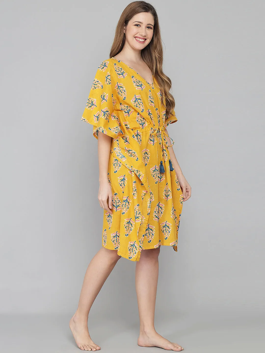 Yellow Leaf Print Cotton Kaftan