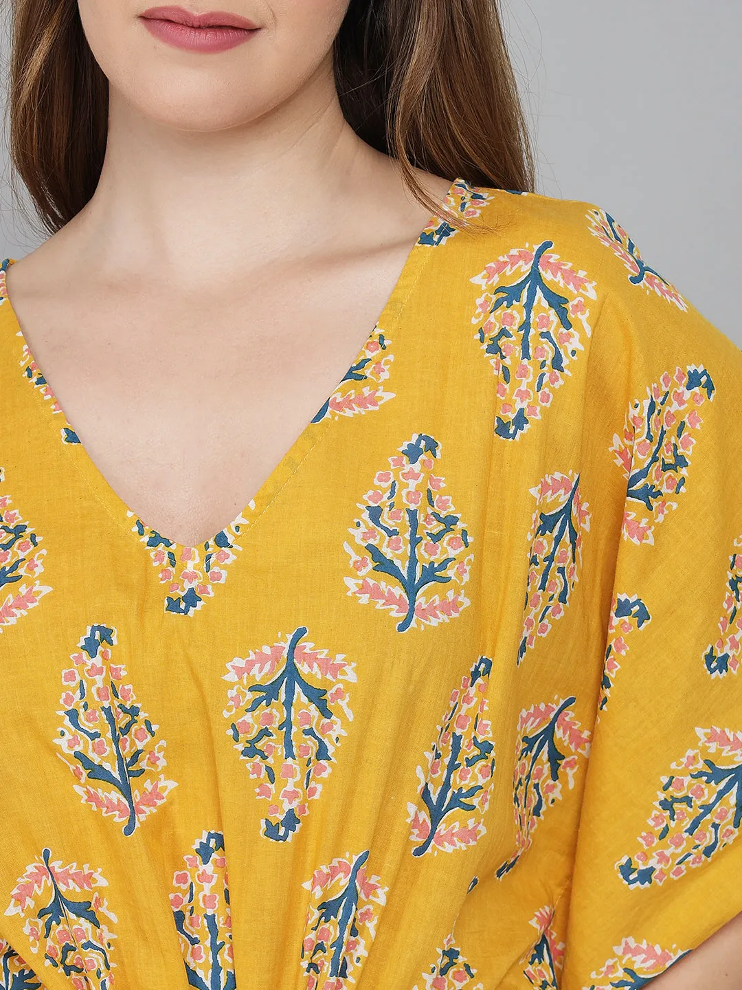 Yellow Leaf Print Cotton Kaftan