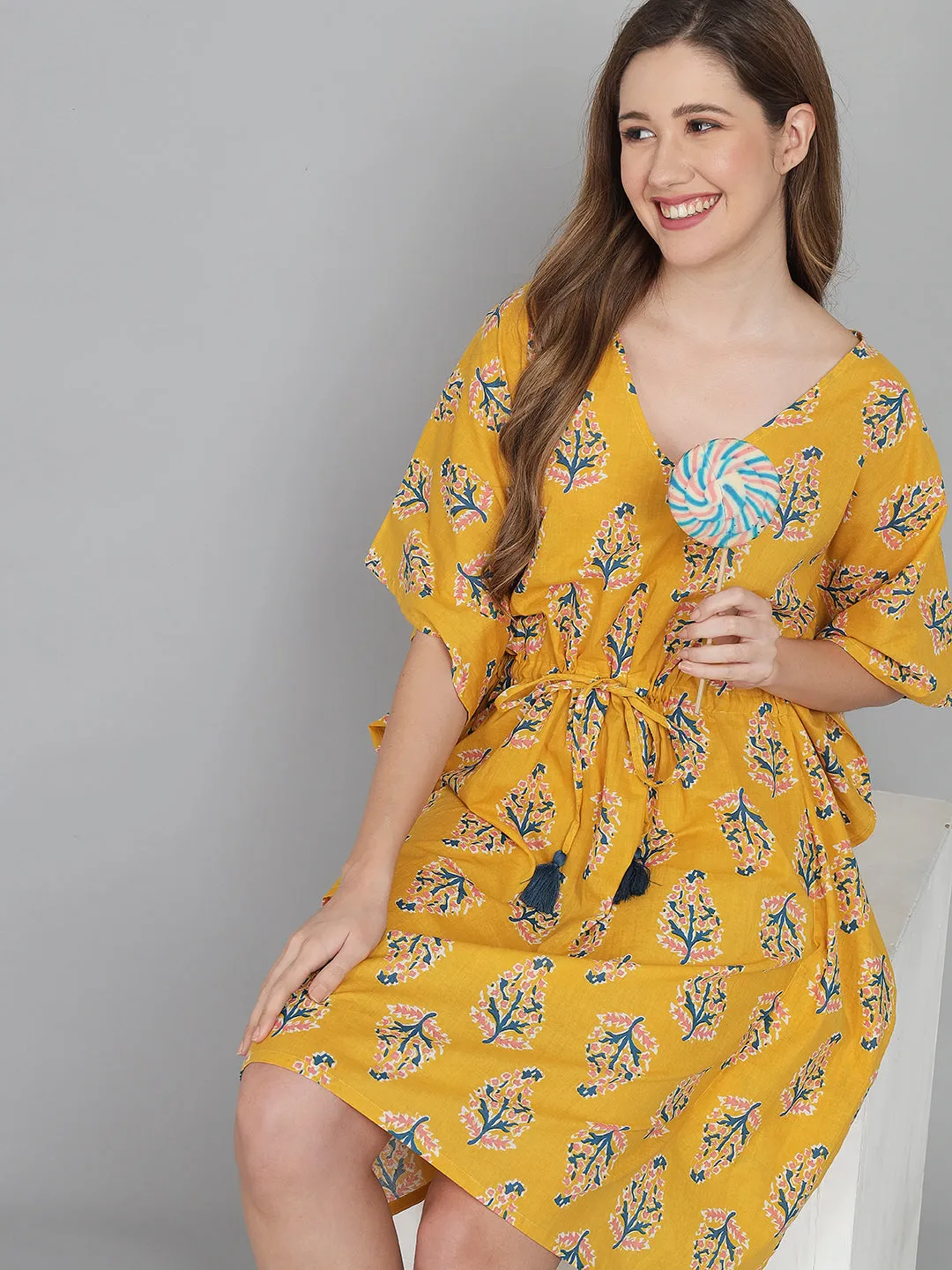 Yellow Leaf Print Cotton Kaftan