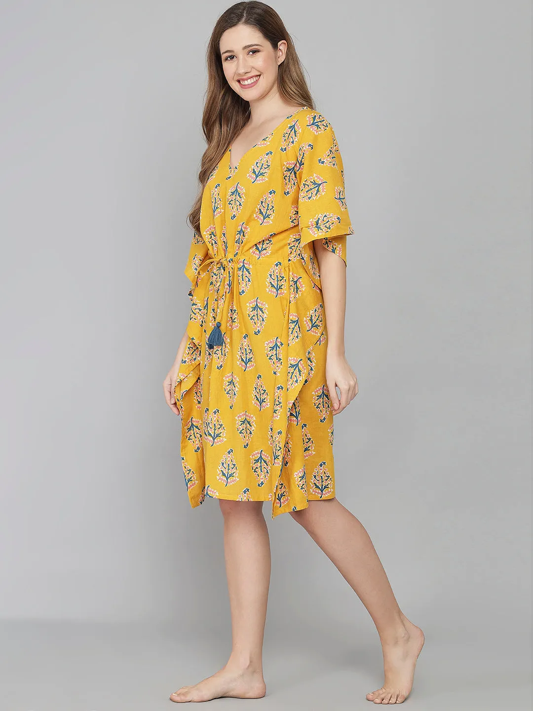 Yellow Leaf Print Cotton Kaftan