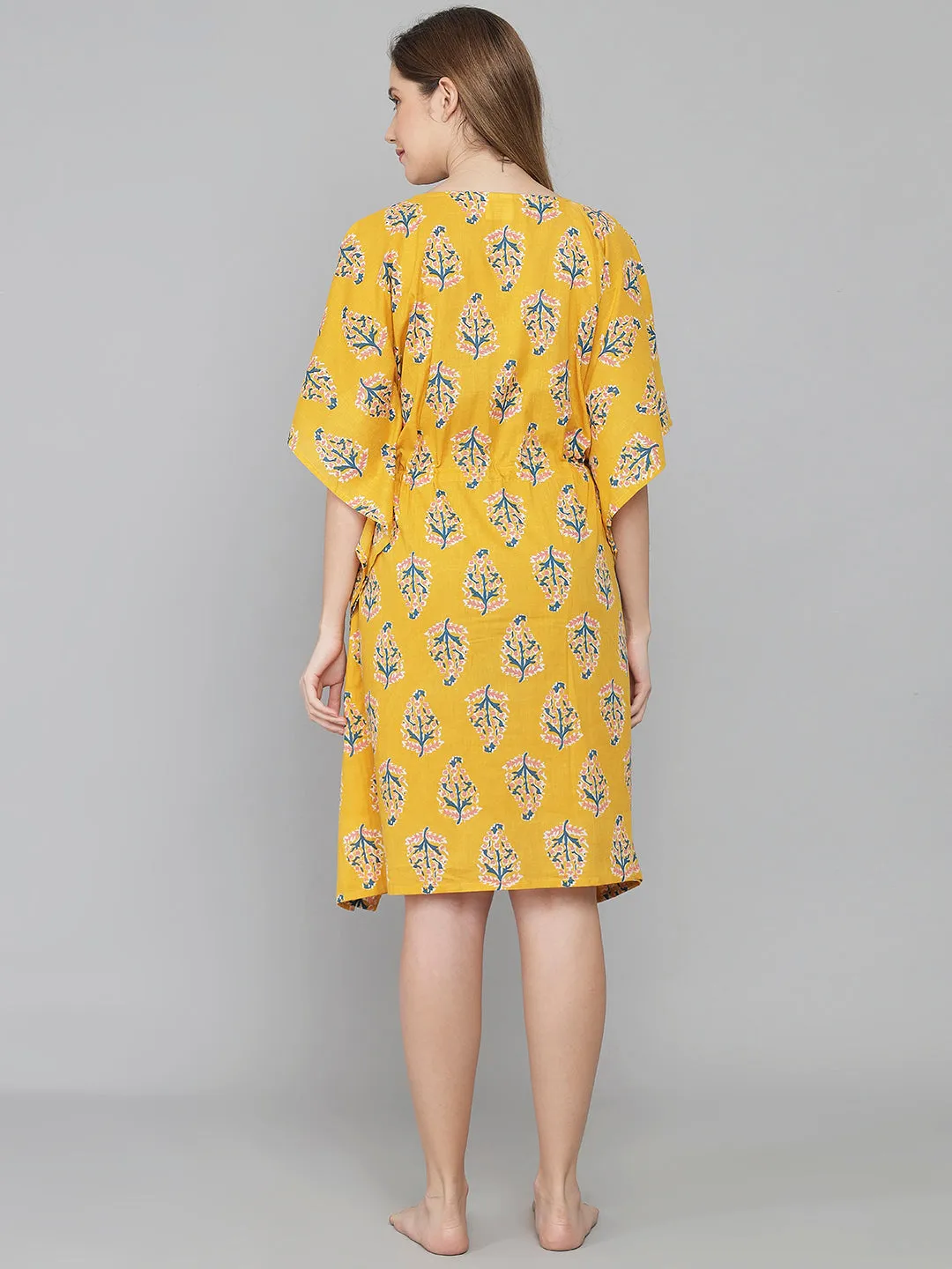 Yellow Leaf Print Cotton Kaftan